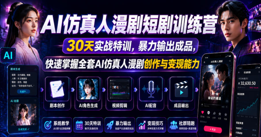 AI仿真人漫剧短剧训练营，30天实战特训，暴力输出成品，快速掌握全套AI仿真人漫剧创作与变现能力-创薯资源