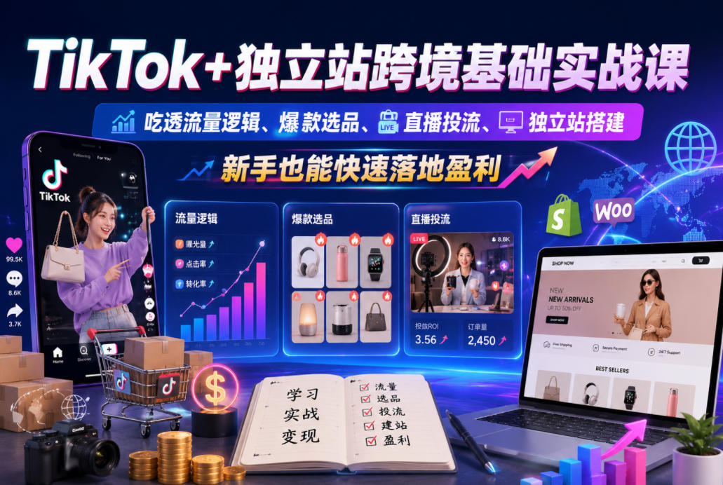 TikTok+独立站跨境基础实战课，吃透流量逻辑、爆款选品、直播投流与独立站搭建，新手也能快速落地盈利-创薯资源