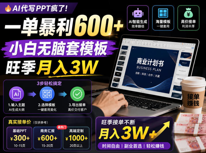 AI代写PPT疯了！一单暴利600+，小白无脑套模板，旺季月入3W，不用苦哈哈引流【揭秘】-创薯资源