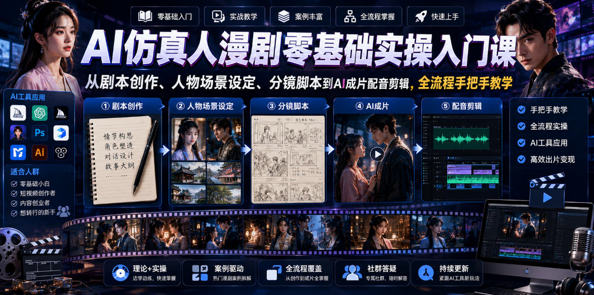 AI仿真人漫剧零基础实操入门课，从剧本创作、人物场景设定、分镜脚本到AI成片配音剪辑，全流程手把手教学-创薯资源