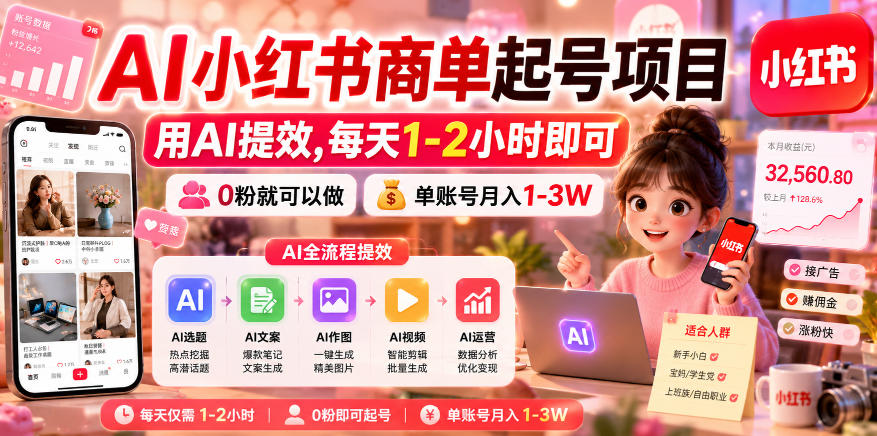 AI小红书商单起号项目，用AI提效,每天1-2小时即可，0粉就可以做，单账号月入1-3W-创薯资源