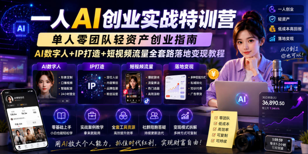 一人AI创业实战特训营，单人零团队轻资产创业指南，AI数字人+IP打造+短视频流量全套路落地变现教程-创薯资源