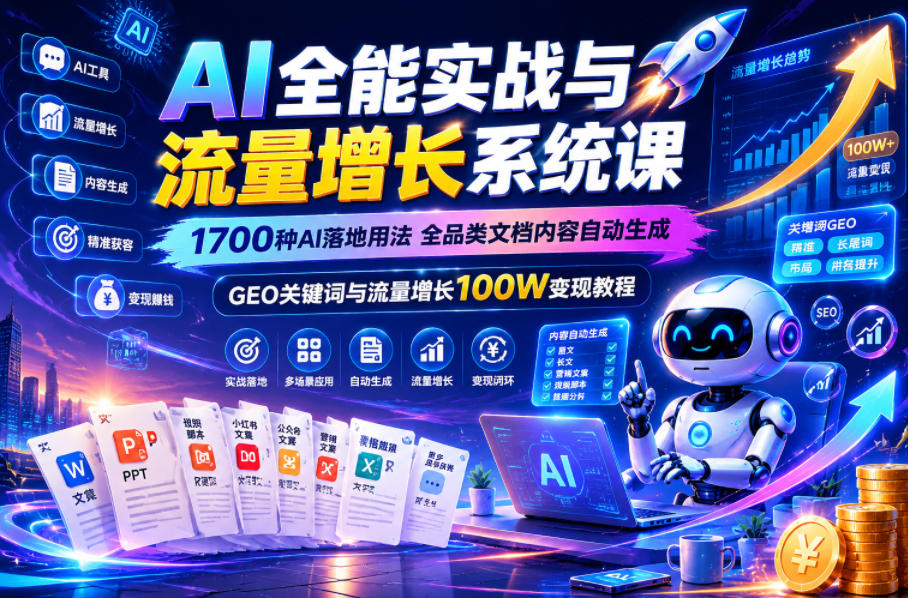 AI全能实战与流量增长系统课，1700种AI落地用法，全品类文档内容自动生成，GEO关键词与流量增长100W变现教程-创薯资源