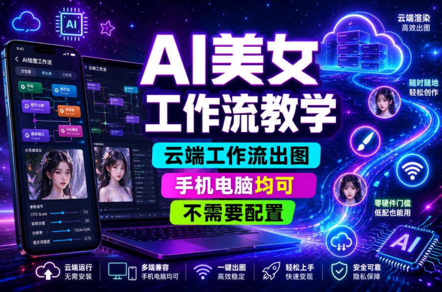 AI美女工作流教学，云端工作流出图，手机电脑均可，不需要配置，快速起号涨粉-创薯资源