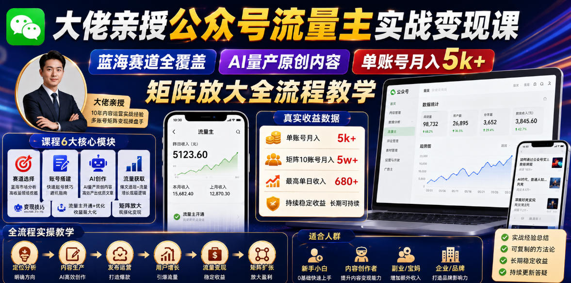 大佬亲授公众号流量主实战变现课，蓝海赛道全覆盖，AI量产原创内容，单账号月入5k+矩阵放大全流程教学-创薯资源