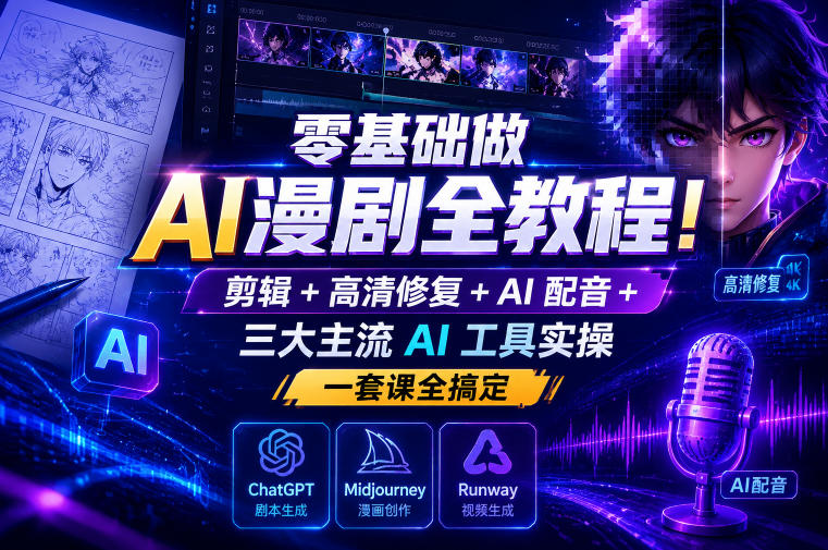 零基础做AI漫剧全教程！剪辑+高清修复+AI配音+三大主流AI工具实操，一套课全搞定-创薯资源
