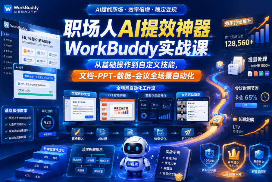 职场人AI提效神器WorkBuddy实战课，从基础操作到自定义技能，文档-PPT-数据-会议全场景自动化-创薯资源