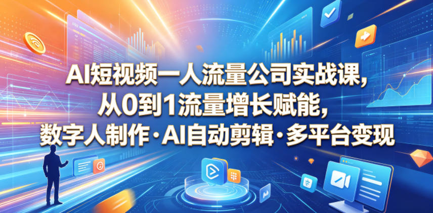 AI短视频一人流量公司实战课，从0到1流量增长赋能，数字人制作・AI自动剪辑・多平台变现，一人做流量生意全落地教程-创薯资源
