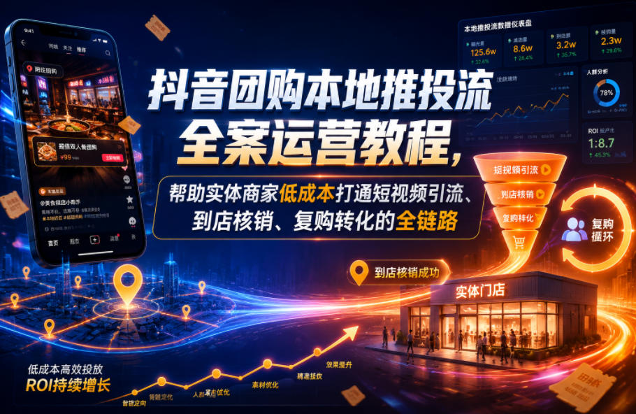 抖音团购本地推投流全案运营教程，帮助实体商家低成本打通短视频引流、到店核销、复购转化的全链路-创薯资源