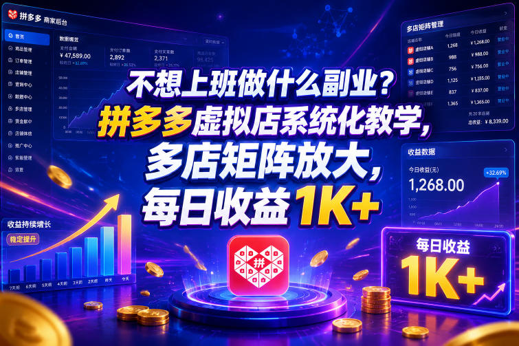 不想上班做什么副业？拼多多虚拟店系统化教学，多店矩阵放大，每日收益1K+【揭秘】-创薯资源