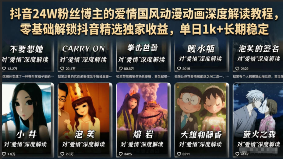 抖音24W粉丝博主的爱情国风动漫动画深度解读教程，零基础解锁抖音精选独家收益，单日1k+长期稳定-创薯资源