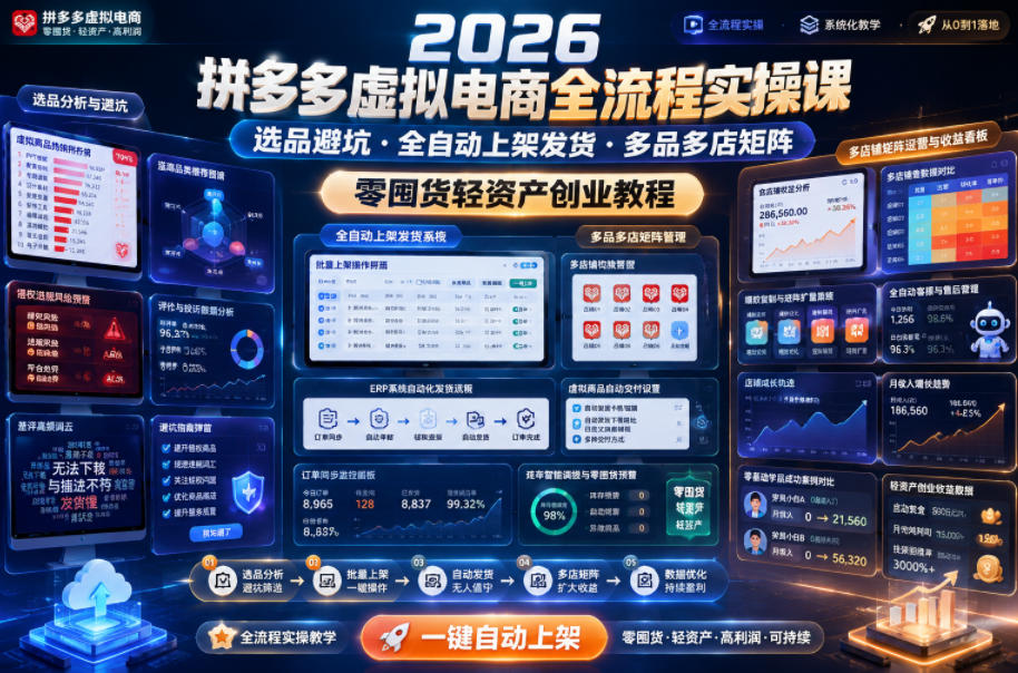 2026拼多多虚拟电商全流程实操课，选品避坑・全自动上架发货・多品多店矩阵，零囤货轻资产创业教程-创薯资源