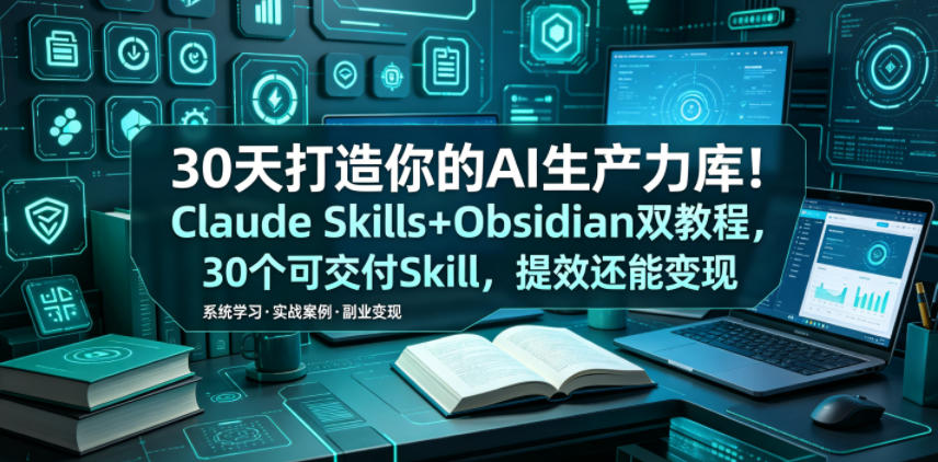 30天打造你的AI生产力库！Claude Skills+Obsidian 双教程，30 个可交付 Skill，提效还能变现-创薯资源