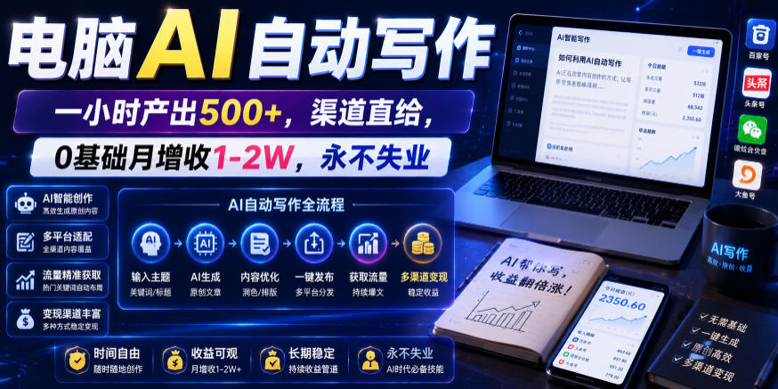 电脑AI自动写作，一小时产出500+，渠道直给，0基础月增收1-2W，永不失业【揭秘】-创薯资源
