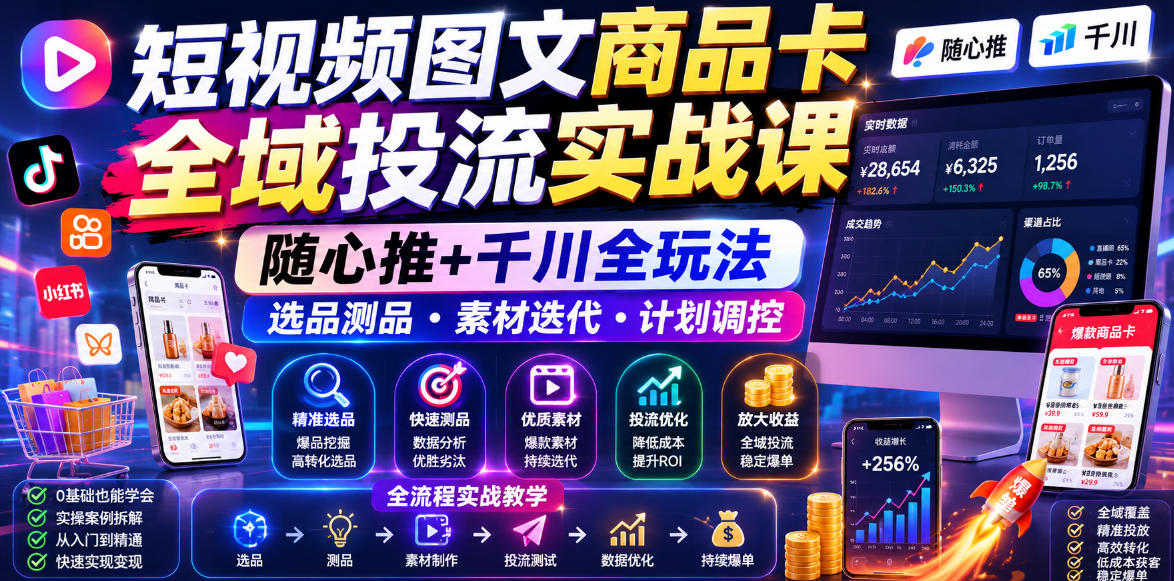 短视频图文商品卡全域投流实战课，随心推+千川全玩法，选品测品・素材迭代・计划调控，提升ROI爆单增收教程-创薯资源