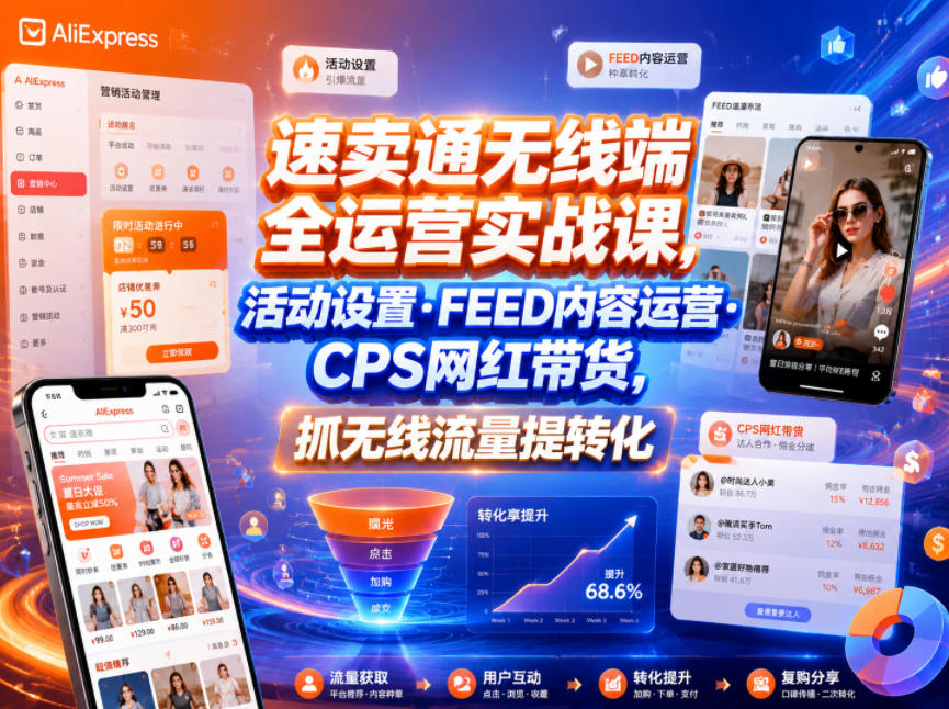 速卖通无线端全运营实战课，活动设置・FEED内容运营・CPS网红带货，抓无线流量提转化-创薯资源