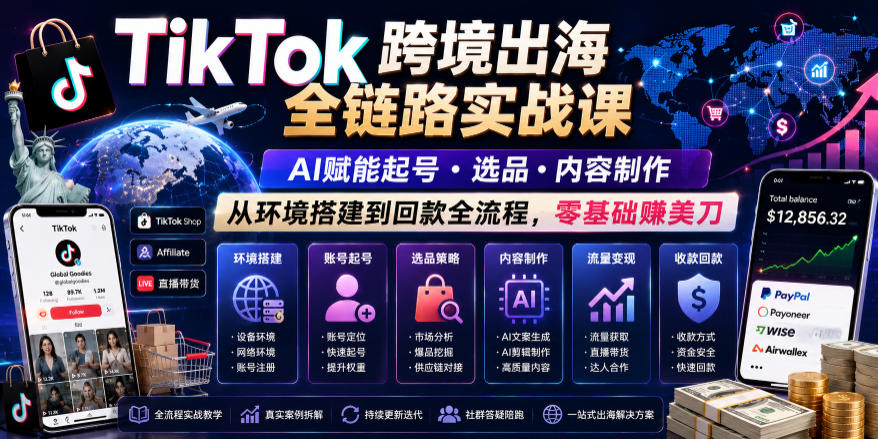TikTok跨境出海全链路实战课，AI赋能起号・选品・内容制作，从环境搭建到回款全流程，零基础賺美刀-创薯资源