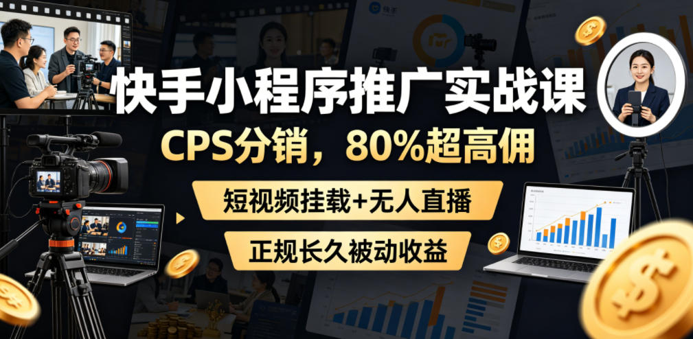 快手小程序推广实战课，CPS分销，80%超高佣，短视频挂载+无人直播，正规长久被动收益-创薯资源