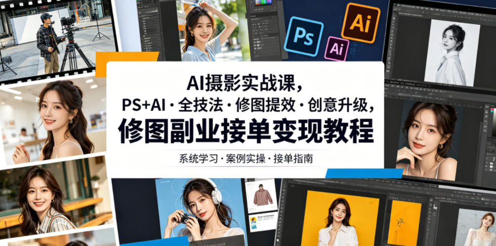 AI摄影实战课，PS+AI・全技法・修图提效・创意升级，修图副业接单变现教程-创薯资源