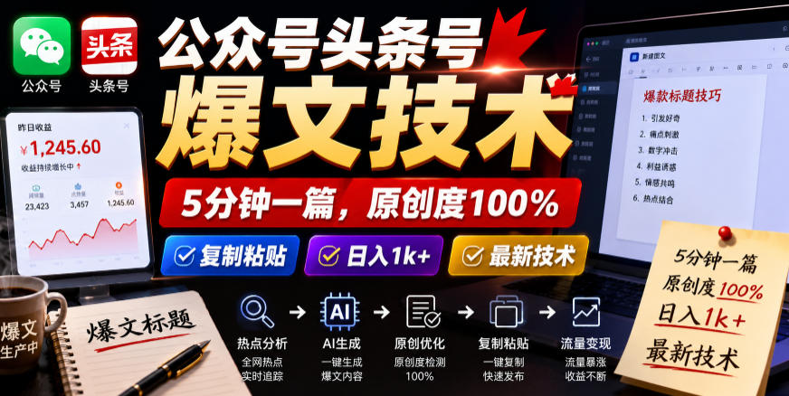 公众号头条号爆文技术，5分钟一篇，原创度100%，复制粘贴，日入1k+，最新技术【揭秘】-创薯资源