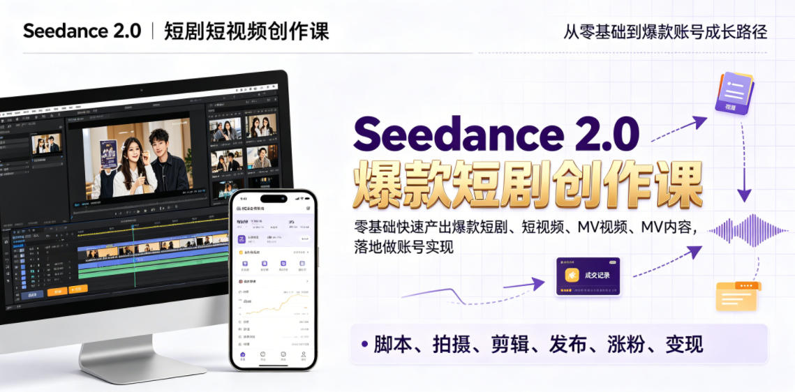 Seedance 2.0短剧短视频创作课，零基础快速产出爆款短剧、短视频、MV内容，落地做账号实现变现-创薯资源