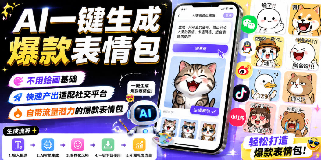 AI一键生成爆款表情包，不用绘画基础，快速产出适配社交平台，自带流量潜力的爆款表情包-创薯资源