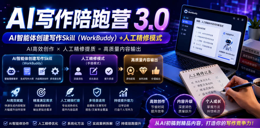 AI写作陪跑营3.0，Ai智能体创建写作skill(workbuddy)+人工手写模式(手搓模式)，去除AI痕迹(头条号、公众号、百家号)-创薯资源