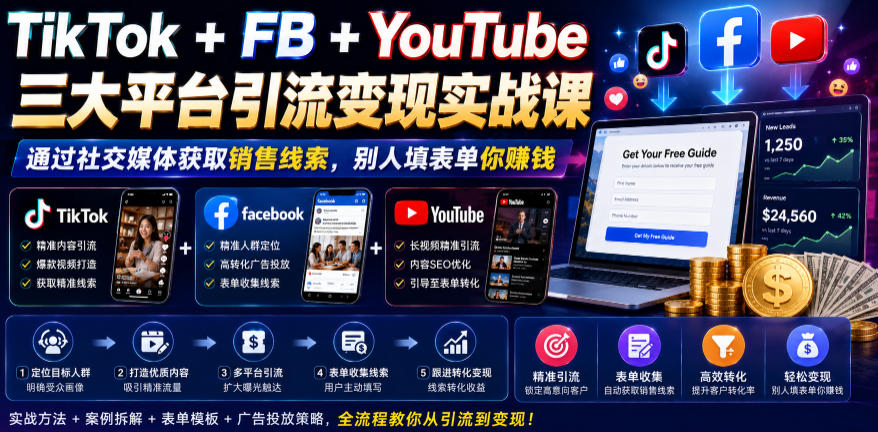 TikTok+FB+YouTube三大平台引流变现实战课，通过社交媒体获取销售线索，别人填表单你賺钱【原创双语字幕】-创薯资源