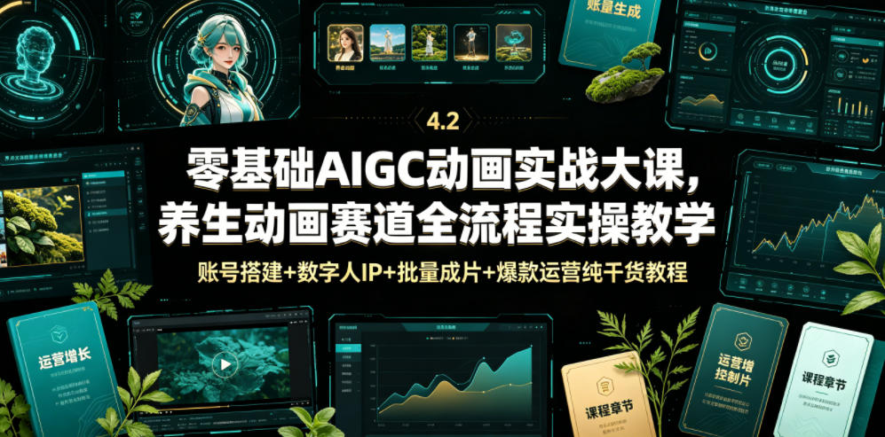 零基础AIGC动画实战大课，养生动画赛道全流程实操教学，账号搭建+数字人IP+批量成片+爆款运营纯干货教程-创薯资源