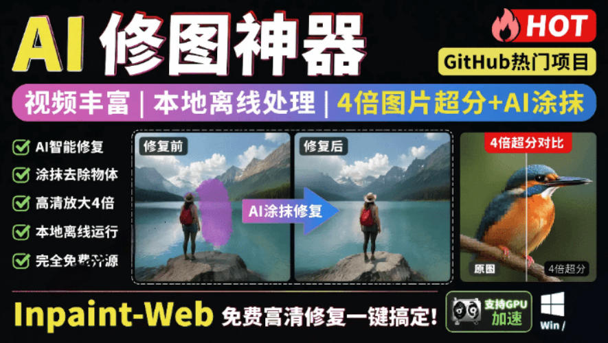 本地离线处理，4倍图片超分+AI涂抹去水印！Github上热门神器，免费高清修复图一键搞定！Inpaint-Web-创薯资源