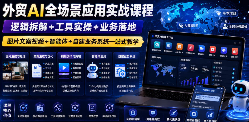 外贸AI全场景应用实战课程｜逻辑拆解+工具实操+业务落地，图片文案视频+智能体+自建业务系统一站式教学-创薯资源