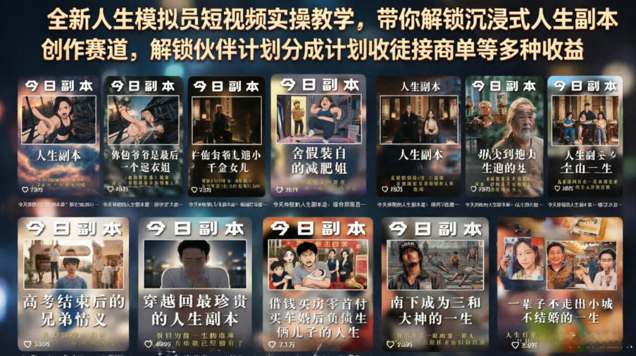全新人生模拟员短视频实操教学，带你解锁沉浸式人生副本创作赛道，解锁伙伴计划分成计划收徒接商单等多种收益-创薯资源