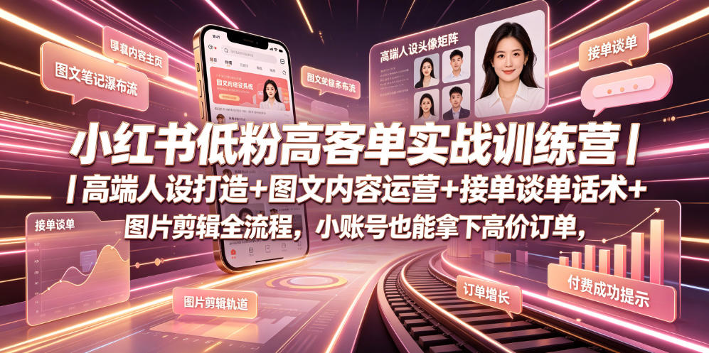 小红书低粉高客单实战训练营｜高端人设打造+图文内容运营+接单谈单话术+图片剪辑全流程，小账号也能拿下高价订单-创薯资源