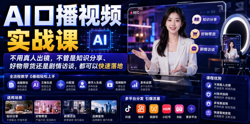 AI口播视频实战课，不用真人出镜，不管是知识分享、好物带货还是剧情访谈，都可以快速落地-创薯资源
