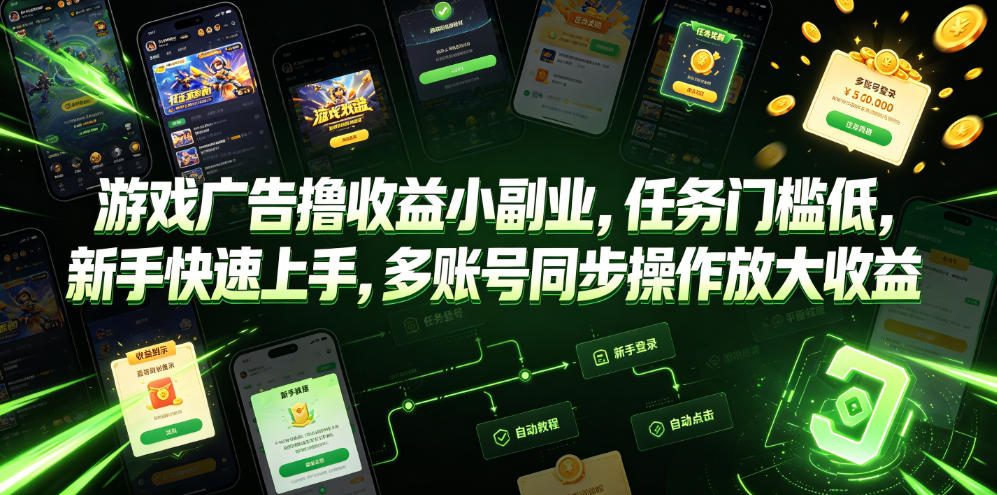 游戏广告撸收益小副业，任务门槛低，新手快速上手，多账号同步操作放大收益-创薯资源