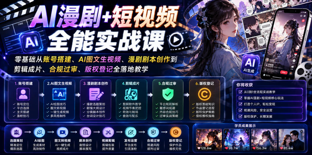 AI漫剧+短视频全能实战课｜零基础从账号搭建、AI图文生视频、漫剧剧本创作到剪辑成片、合规过审、版权登记全落地教学-创薯资源