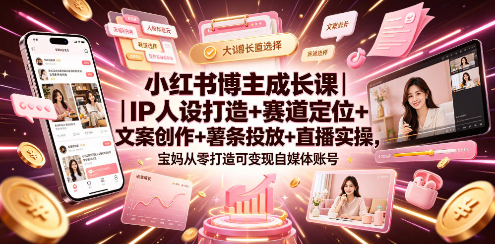 小红书博主成长课｜IP人设打造+赛道定位+文案创作+薯条投放+直播实操，宝妈从零打造可变现自媒体账号-创薯资源