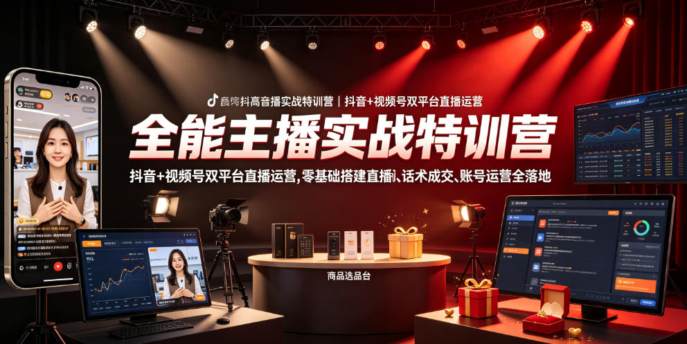 全能主播实战特训营｜抖音+视频号双平台直播运营，零基础搭建直播间、精准选品、话术成交、账号运营全落地-创薯资源