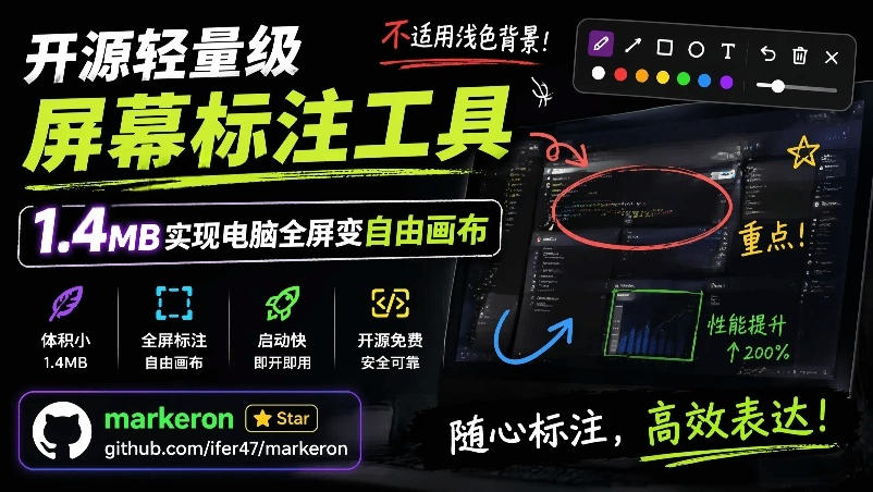 开源轻量级屏幕标注工具，1.4MB实现电脑全屏变自由画布！支持8种标注工具和全键盘操控MarkerOn-创薯资源