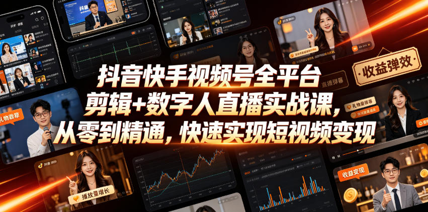 抖音快手视频号全平台剪辑+数字人直播实战课，从零到精通，快速实现短视频变现(更新2026年6月)​-创薯资源