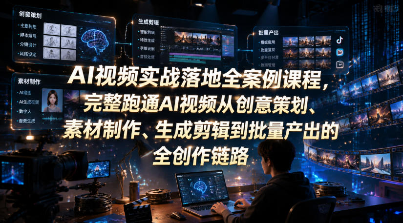 AI视频实战落地全案例课程，完整跑通AI视频从创意策划、素材制作、生成剪辑到批量产出的全创作链路-创薯资源