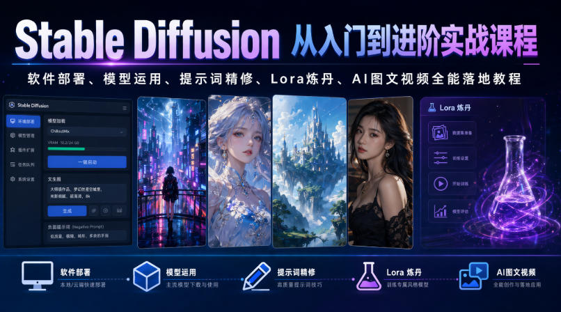 Stable Diffusion从入门到进阶实战课程｜软件部署、模型运用、提示词精修、Lora炼丹、AI图文视频全能落地教程-创薯资源