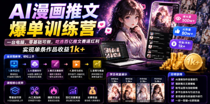 AI漫画推文爆单训练营，一台电脑，零基础可做，吃透百亿推文赛道红利，实现单条作品收益1k+-创薯资源