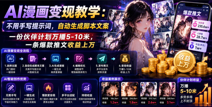AI漫画变现教学：不用手写提示词，自动生成脚本文案，一份伙伴计划万播5-10米，一条爆款推文收益上W-创薯资源