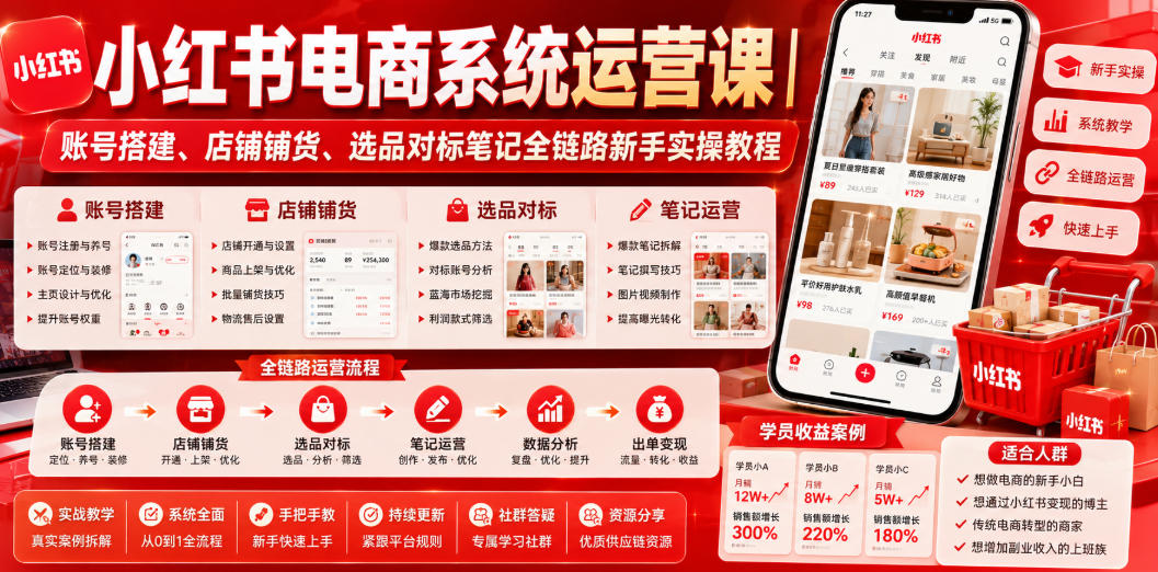 小红书电商系统运营课｜账号搭建、店铺铺货、选品对标笔记全链路新手实操教程-创薯资源
