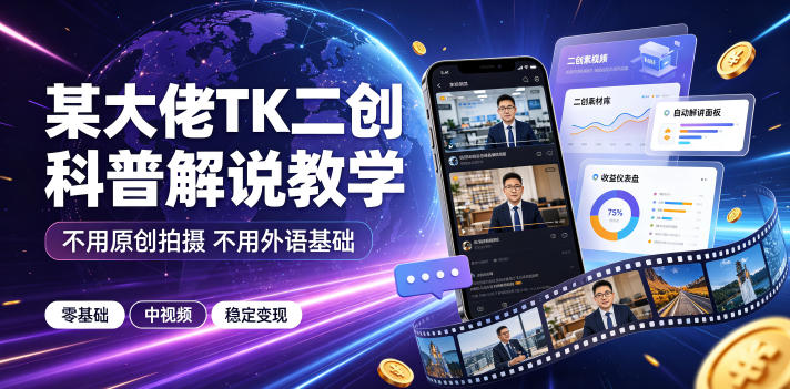 某大佬TK二创科普解说教学，不用原创拍摄不用外语基础，零基础做TikTok中视频稳定变现-创薯资源