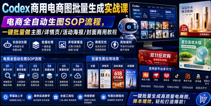 Codex商用电商图批量生成实战课｜电商全自动生图SOP流程，一键批量做主图/详情页/活动海报/封面商用教程-创薯资源