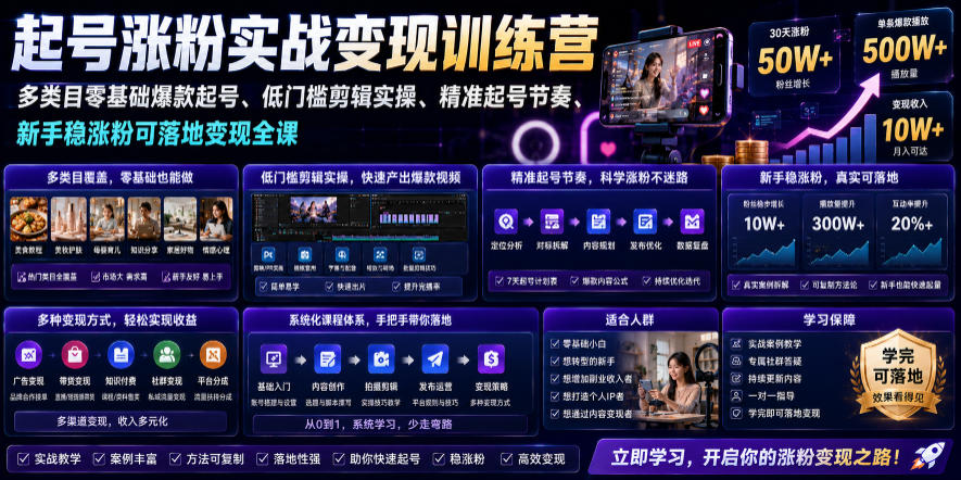 苗子起号涨粉实战变现训练营，多类目零基础爆款起号、精准起号节奏、新手稳涨粉可落地变现全课-创薯资源