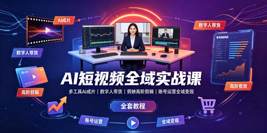 AI短视频全域实战课｜多工具AI成片、数字人带货、剪映高阶剪辑、账号运营全域变现全套教程-创薯资源
