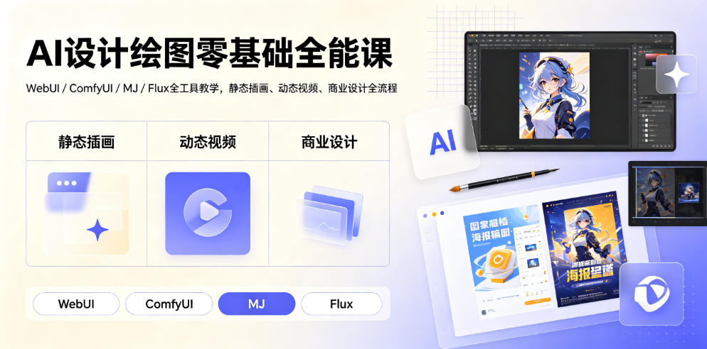 AI设计绘图零基础全能课｜WebUI/ComfyUI/MJ/Flux全工具教学，静态插画、动态视频、商业设计全流程-创薯资源